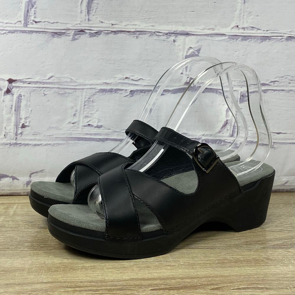 Dansko Black Leather Strappy Wedge Sandals Women's 40 US 9.5-10 Criss Cross